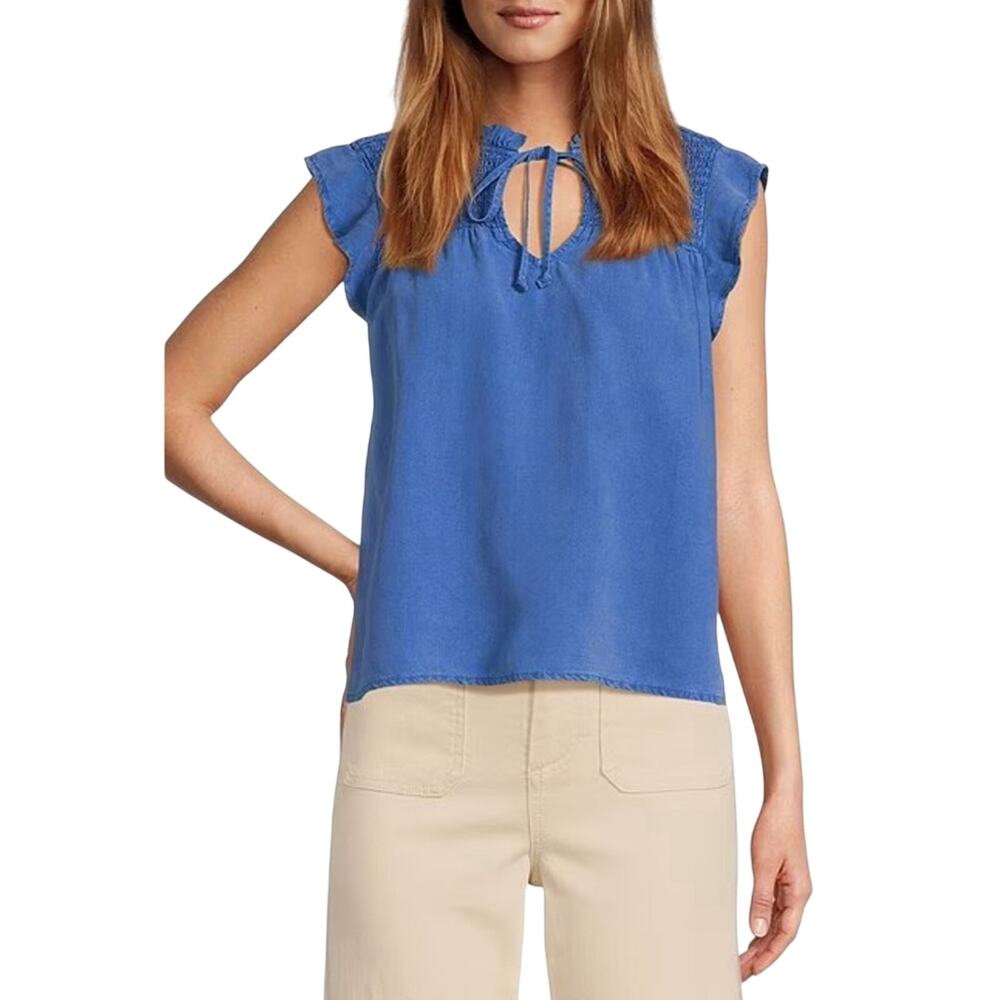 Cloth & Stone Smocked Ruffled Split V-Neck Tencel Top XS
